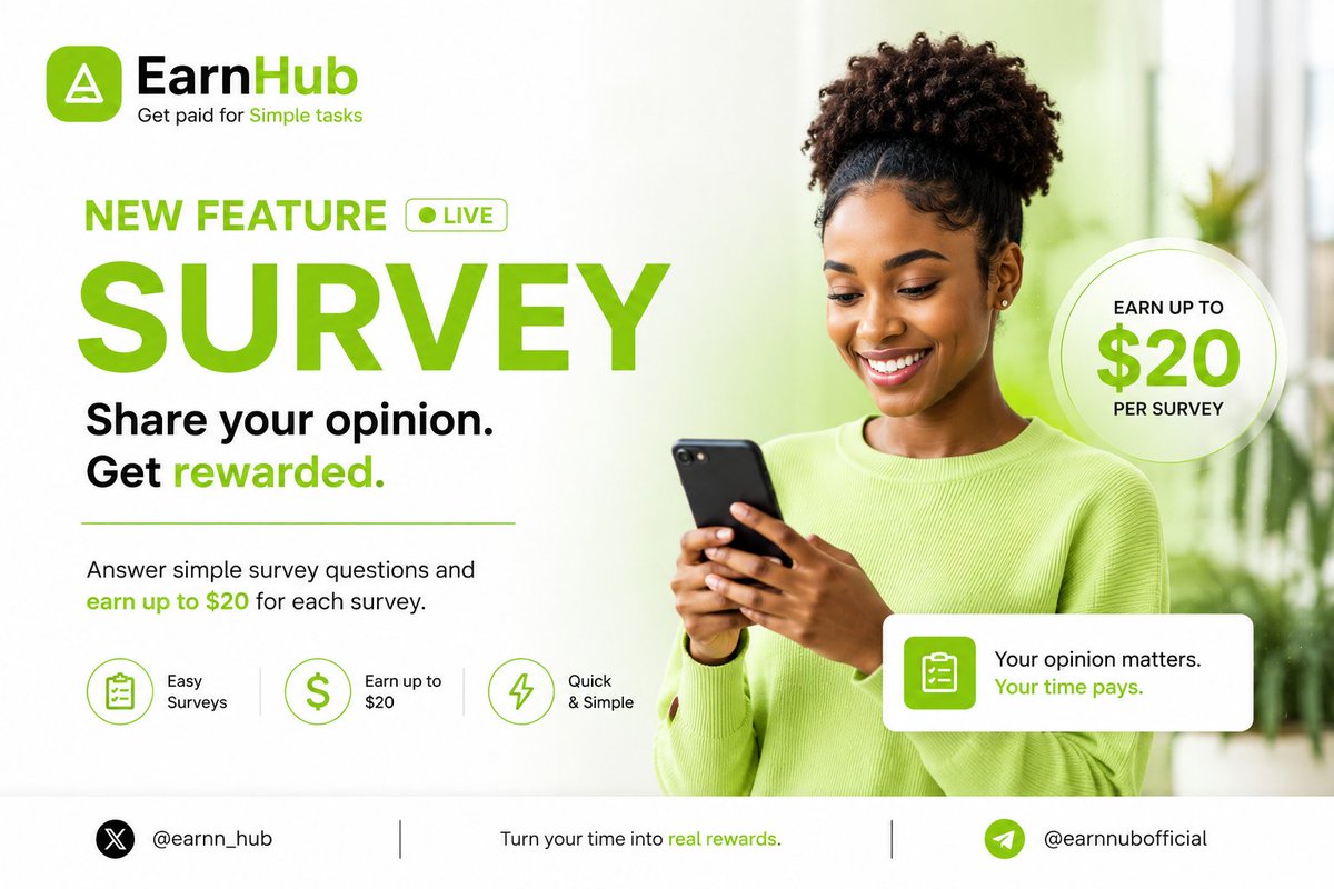 earnn_hub's tweet photo. Do you know that you can earn atleast $20 just by sharing your opinion on Earn Hub. 

With the new Survey feature, share your opinions and answer few questions to claim $20.

Withdrawable Instantly. 

For Inquiries, check out our Group
https://t.co/LWzQ3Yeiym 

#survey #win https://t.co/iZi3Xs3Sig