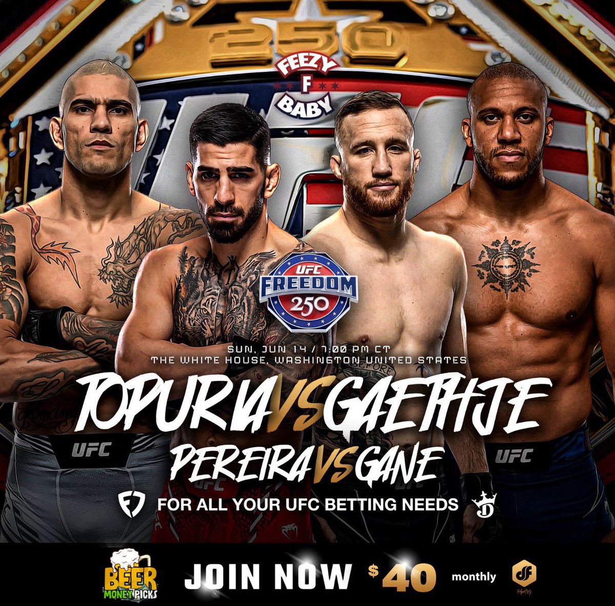 FeezyFbaby_'s tweet photo. 🇺🇸🇺🇸🇺🇸 #UFCFreedom250 is HERE! 🇺🇸🇺🇸🇺🇸

This card is for the VIPs and Veterans. No full public card this week, sorry X gang. 🫡

To celebrate, I’m giving away 5 Weekend Passes FREE.

✅ Like
✅ Repost
✅ Comment below

Winners will be selected before the fights start. https://t.co/jOJIgeFPxl
