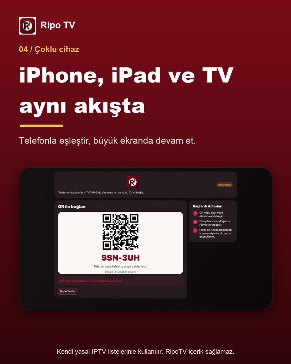 RipoTVapp's tweet photo. Apple TV'de uzun uzun yazı yazmak yok. 📲 Telefonundan eşleştir, listen saniyeler içinde büyük ekranda.

#RipoTV #IPTV #M3U #Xtream #AppleTV https://t.co/c4RLlGKMb3
