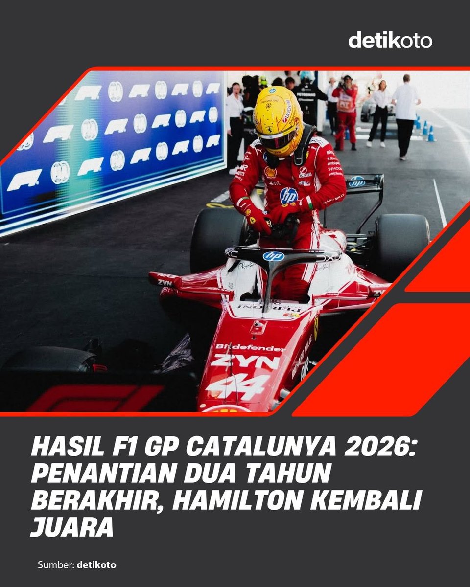 detikoto's tweet photo. Hamilton akhirnya menang bersama Ferrari usai juara F1 GP Catalunya 2026. Ini jadi kemenangan pertamanya sejak GP Arab Saudi 2024. Russell dan Norris naik podium, sementara Antonelli gagal finis.

#detikoto #F1 #CatalanGP #Hamilton https://t.co/VHmgnGKNie