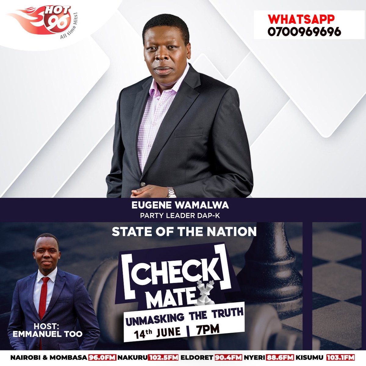 Hot_96Kenya's tweet photo. In the next hour, @TheEmmanuelToo sits down with @EugeneLWamalwa on #CheckMateOnHot for a candid conversation on the state of the Nation. https://t.co/SwzvVKDtpH