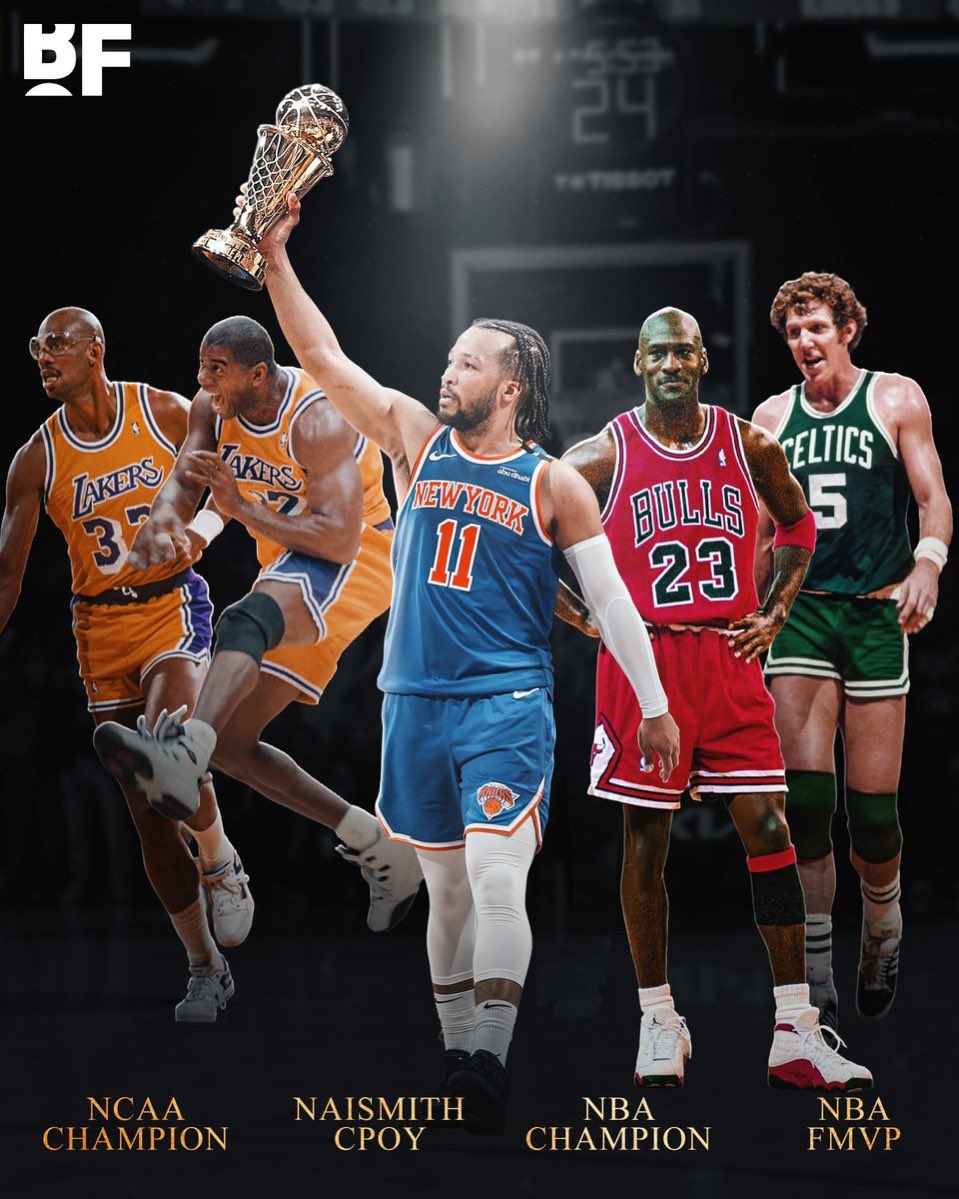 KnicksVerseFr's tweet photo. Jalen Brunson rejoint Kareem Abdul-Jabbar, Magic Johnson, Michael Jordan et Bill Walton comme seuls joueurs de l’histoire à avoir remporté :

•  un titre NCAA
•  le Naismith College Player of the Year
•  un titre NBA
•  le MVP des Finales NBA https://t.co/NcLfM5ttdI