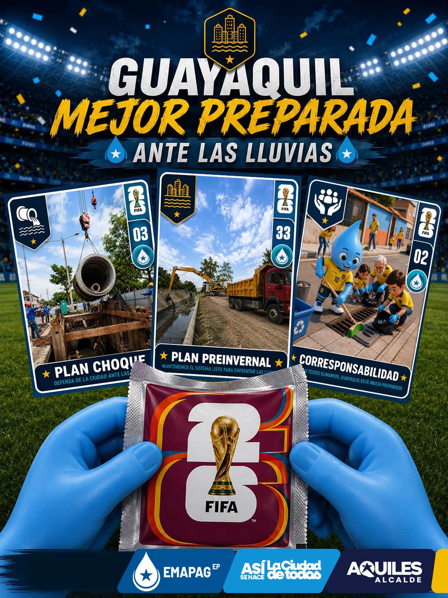 EmapagGye's tweet photo. ⚽💧 Guayaquil juega un gran partido ante las lluvias.
🏗️ Plan Choque: obras que fortalecen la infraestructura.
🚜 Plan Preinvernal: limpieza de canales, ductos y sumideros.
🤝 Corresponsabilidad: no arrojar basura ayuda a prevenir inundaciones.
✅ La prevención es tarea de todos https://t.co/ifaUovVHOw