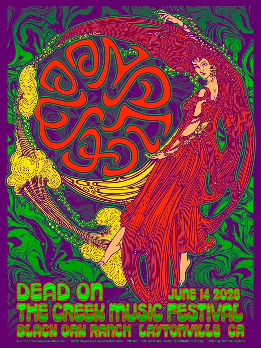 Moonalice's tweet photo. This weekend’s performance at Dead On The Creek Festival will break new ground. Barry, Rachel, and Roger are not able to play, so Grahame Lesh, Stu Allen &amp; Jay Lane will be joining us.

For this show, we will call ourselves Three-Quarter Moon. 

Amazing poster: @afishcalledalex https://t.co/iiVzOP5xDg