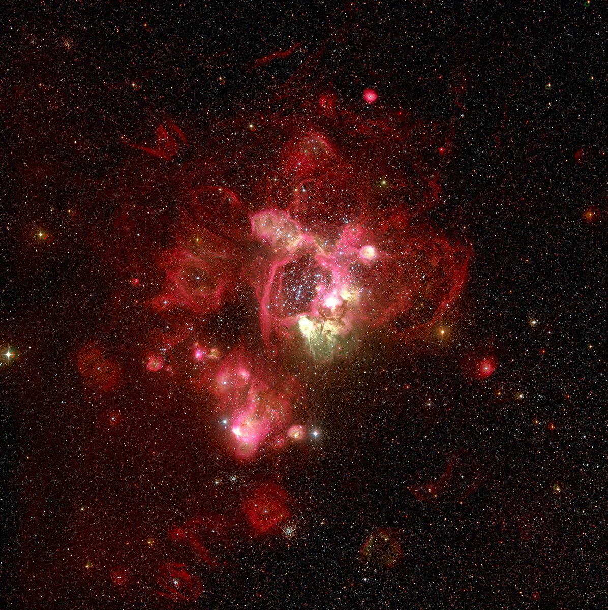 Hickgeography's tweet photo. The stunning N44 nebula reveals a unique superbubble structure, molded by the intense radiation from 40 stars at its heart.

📸Credit: ESO https://t.co/eC27pzDtWA