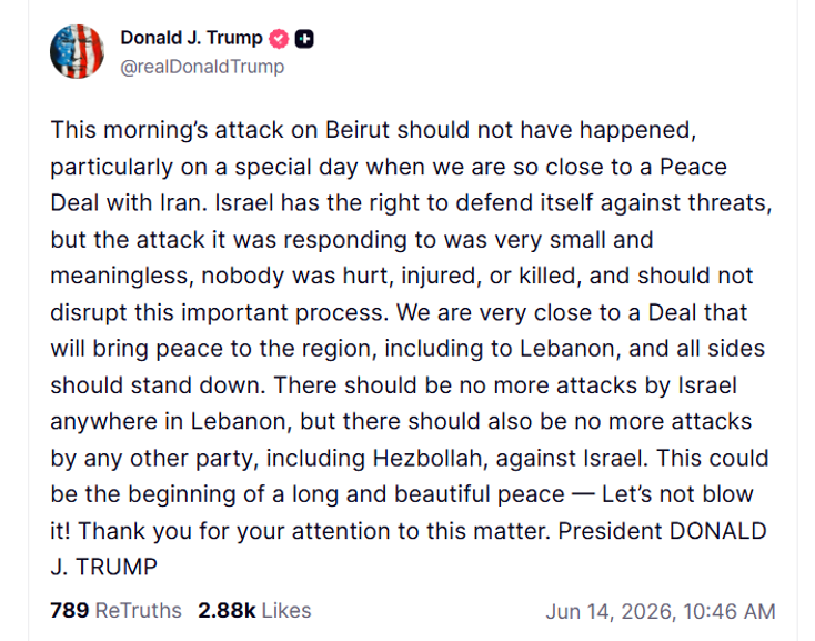 ViewsNewsMag's tweet photo. President Trump urges restraint after attack on Beirut. There should be no more attacks by any side when "when we are so close to a Peace Deal with Iran." https://t.co/S8hR0T8Xaf
