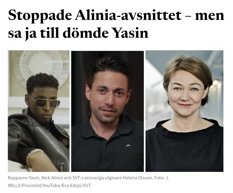 Bulletin_Nu's tweet photo. SVT stoppade ett färdiginspelat avsnitt med Nick Alinia. Ansvariga utgivaren Helena Olsson ville inte legitimera hans metoder. Samtidigt hade hon gett klartecken till rapparen Yasin, som är dömd vid flera tillfällen. – Så sa jag ja till Yasin, säger hon i Medierna i P1.
https://t.co/Tb8WTXBNA0