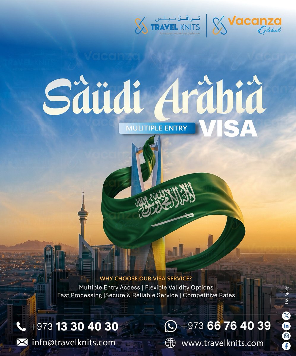 KnitsTravel's tweet photo. Planning your next trip to Saudi Arabia🇸🇦 

Reach out to our experts today and get your Saudi visa sorted in no time! 👇

Get in Touch:
 📞 Call: +973 13 30 40 30
 💬 WhatsApp: +973 66 76 40 39
 ✉️ Email: info@travelknits.com
 🌐 Visit: https://t.co/GiDsBE7KWv https://t.co/FGvrmqqbKq