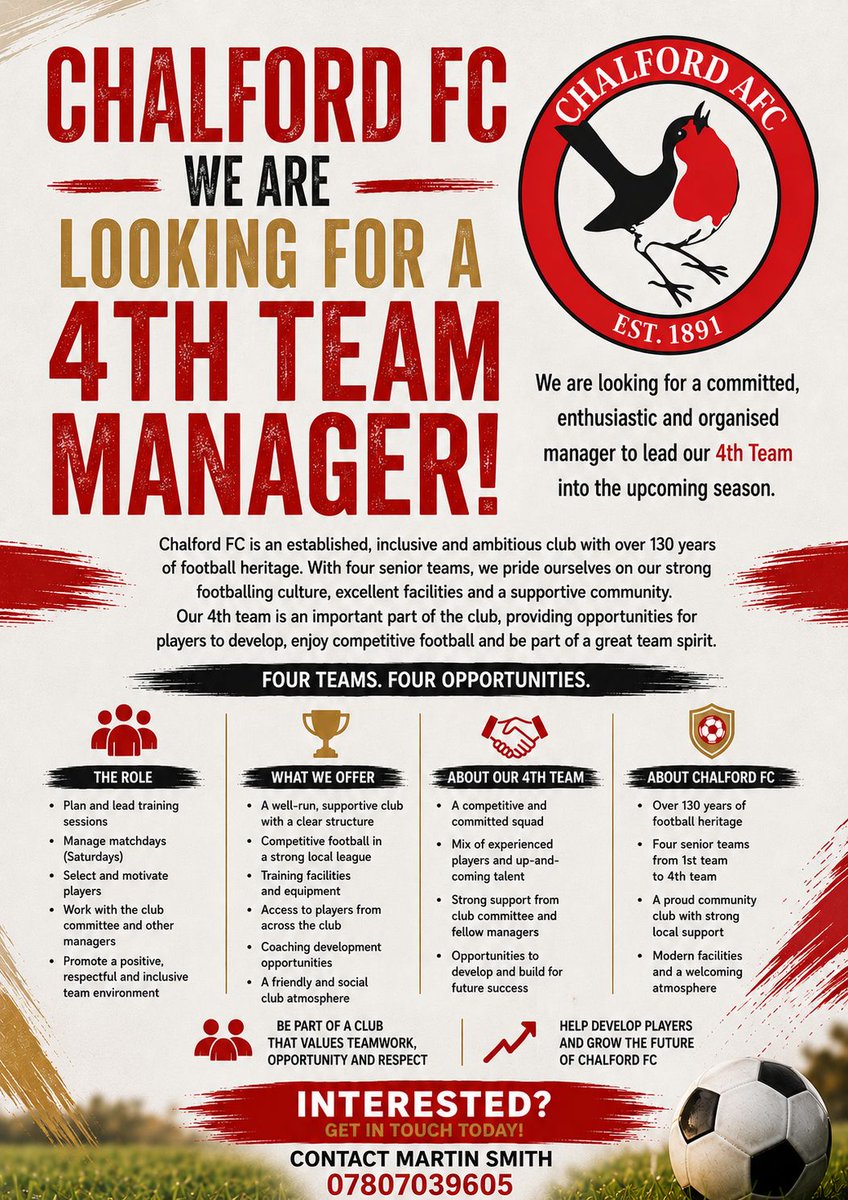 Chalford_AFC's tweet photo. Our 4th team are looking for a manager for the 26/27 season, competing in Stroud division 4,
Please get in touch if you are interested, it's a great opportunity for the right individual or management team 🔴⚫🔴⚫
@Stroud_League @SevernSport @NLChelt @StroudTimes @GlosFA @GlosCounty
