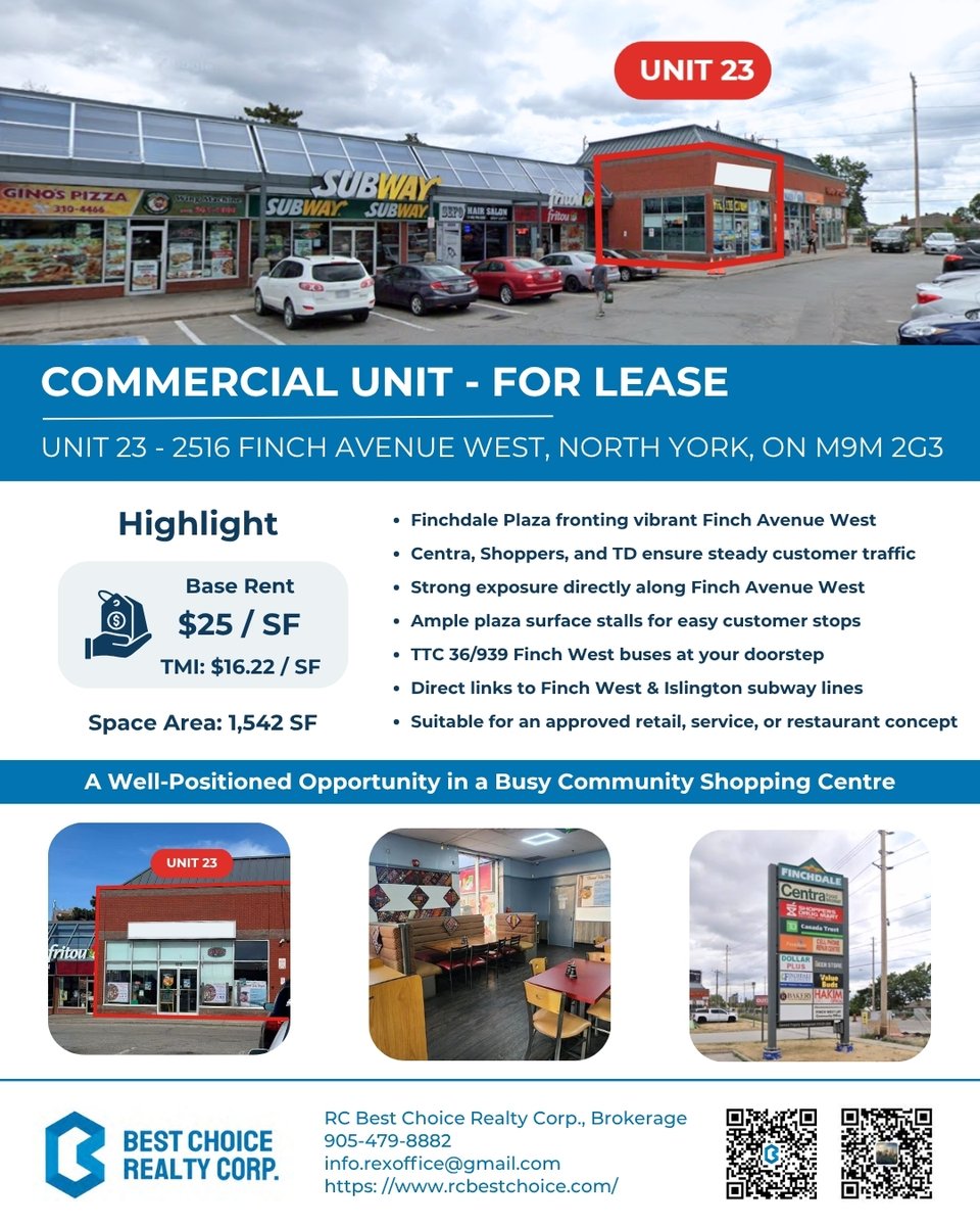 HLBestChoice's tweet photo. Commercial Units For Lease | Finchdale Plaza, North York
📍 Unit 6 - 2568 Finch Avenue W
📍 Unit 23 - 2516 Finch Avenue W
 5,736 sq.ft. &amp;  1,542 sq.ft.

#CommercialForLease #NorthYorkCommercial #FinchdalePlaza #RetailForLease #RestaurantForLease #CommercialRealEstate https://t.co/7yichs7JcM