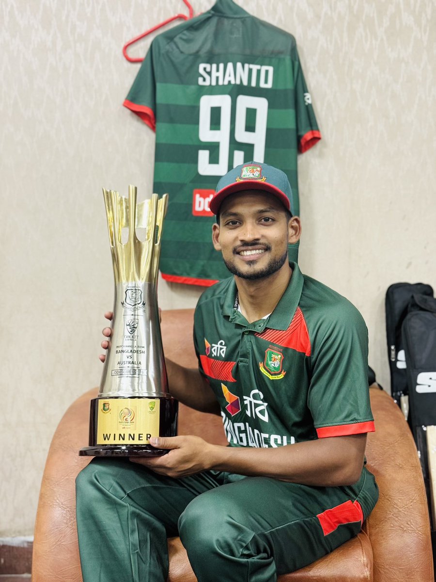 NajmulShanto99's tweet photo. Alhamdulillah! Feeling incredibly proud to be part of this historic moment. Our first-ever ODI series victory against Australia is something we will cherish for a long time.

Thank you all for the unconditional love and support. 🇧🇩❤️🏆

#NHS99 #BANvAUS https://t.co/ICcSBrtu4A