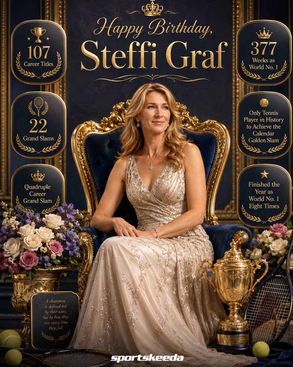 Rajiw1's tweet photo. Happy Birthday Steffi Graf. 
One of the greatest tennis player of the world.
22 Grand Slam titles.
377 weeks as World No. 1.
Olympic gold in 1988
Steffi Graf inspired generations with her grace, humility, determination, and unmatched excellence on the court. https://t.co/IPhIAtAdvF