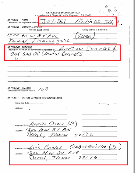 JuanPoe's tweet photo. Si vemos los documentos oficiales de JET SET AIRLINES se puede ver como miembro a Luis Carlos Ordosgoitia, exAlcalde/Montería firmante del Pacto de Ralito con paramilitares. ¿Qué hace Espriella asociado con un político de ese nivel para una empresa de aviación en Miami? Sigue👇 https://t.co/vNpdLhsK4s