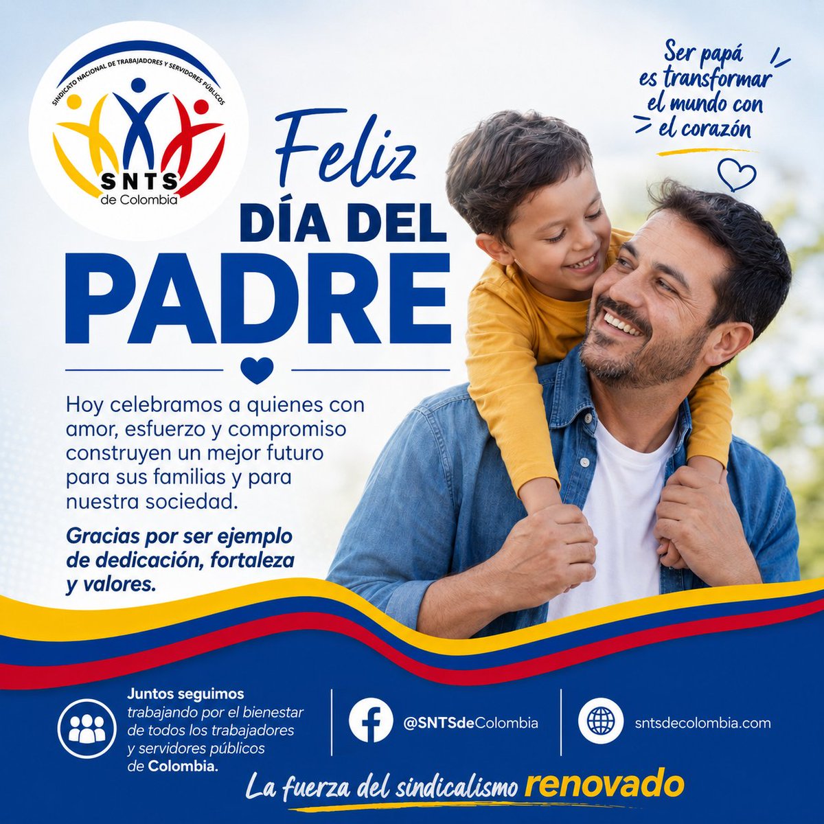 SNTSdeColombia's tweet photo. #FelizDíaPapá Hoy celebramos a quienes con amor, esfuerzo y compromiso construyen un mejor futuro para sus familias y para nuestra sociedad.

#SNTSdeColombia https://t.co/XJMLmKrJx3