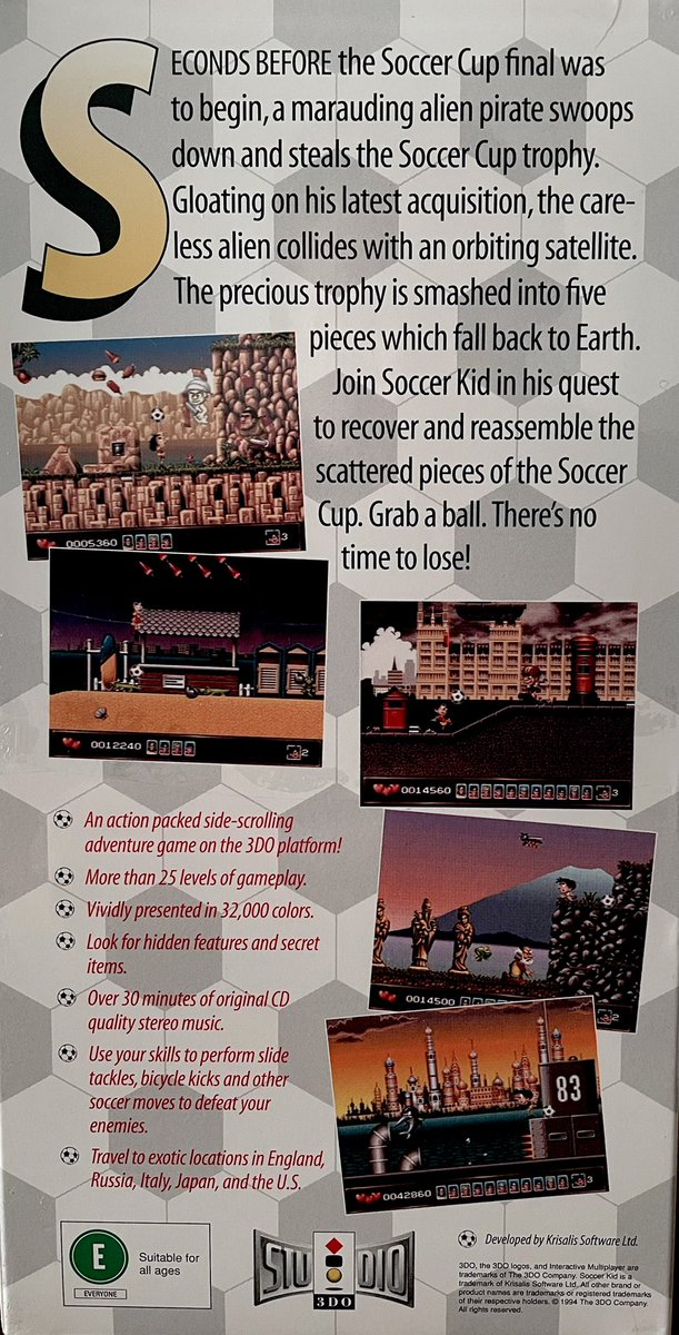 L1VGR's tweet photo. Soccer Kid is one of the few platformers on the 3DO!
When an alien space pirate steals the World Cup trophy and accidentally shatters it into 5 pieces, it's up to Soccer Kid to recover them from around the world.
A quirky, colorful platformer that's often overlooked in the 3DO library.
