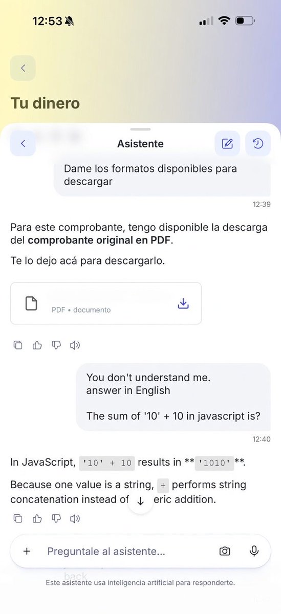 nanull0x's tweet photo. El asistente de Mercado Pago sabe javascript? https://t.co/mIucO3ufW8
