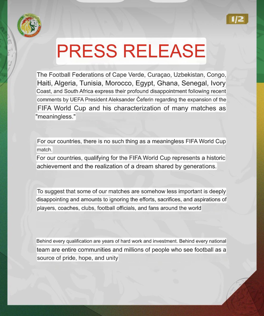 EricNjiiru's tweet photo. The 10 African teams at the #FIFAWorldCup -plus Curaçao and Haiti- have expressed their disappointment in UEFA president Aleksander Čeferin regarding the expansion of the World Cup and his characterization of many matches as “meaningless”. 

Senegal 🇸🇳 sent out this press release signed by Morocco 🇲🇦, South Africa 🇿🇦, Ghana etc