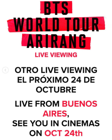 AcostaMzk's tweet photo. El show de BTS que realizará el 24 de octubre en el Estadio Único de La Plata #BuenosAires 🇦🇷, como parte del "Arirang World Tour", será proyectado en las salas de cine a nivel global y también se emitirá en vivo por streaming -Netflix-. https://t.co/jrli9DnKEz