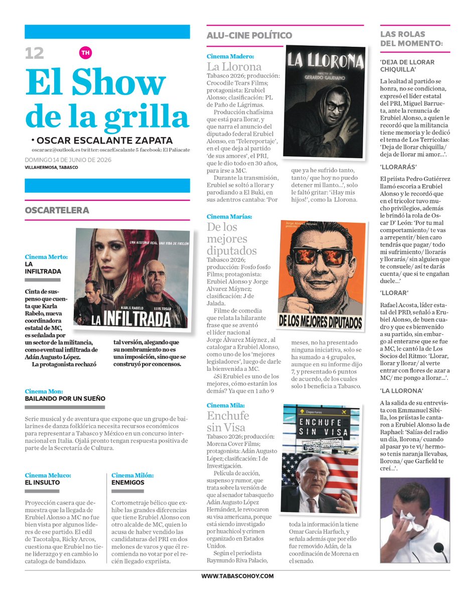 PaliacateEl's tweet photo. Buen día, les comparto la página de humor político El Show de la Grilla en @TabascoHOY domingo 14 de junio de 2024:

Enviado desde WhatsApp
https://t.co/RiAfUPcIrq https://t.co/J0Sz4lzZkv
