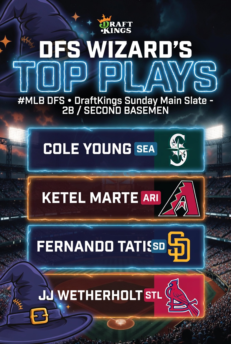 DFSWizzard's tweet photo. My top plays for #MLB #DFS 2B on Sunday's Main slate. #Draftkings.
Cole Young | SEA
Ketel Marte | ARI
Fernando Tatis | SD
JJ Wetherholt | STL
Ildemaro Vargas | ARI https://t.co/8eIP0WKmHS