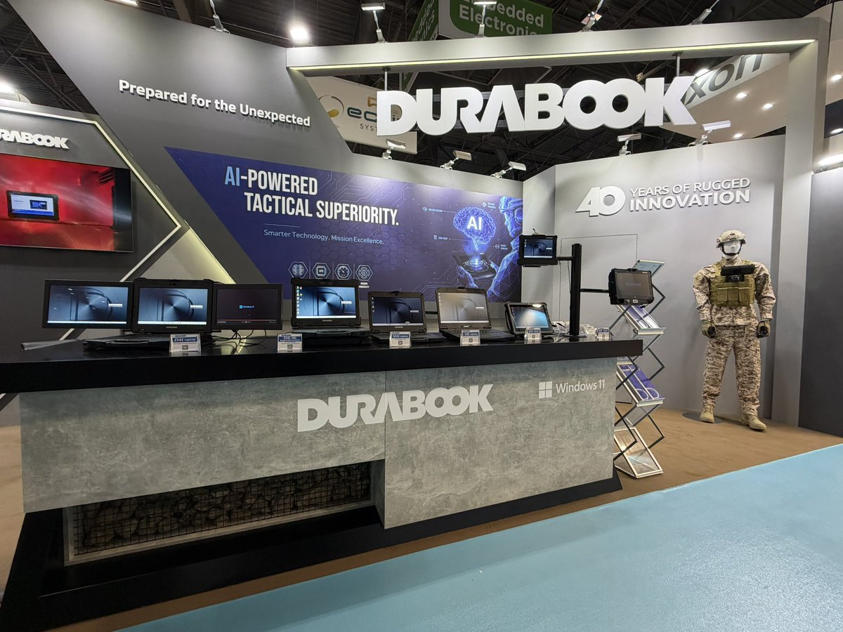 DURABOOK's tweet photo. A first look from the DURABOOK stand at Eurosatory 2026! We’re set up at Hall 5a, Booth J366. Stop by to see the R10, Z14I-HG, and GC-R8 for defense, field command, drone operations, and edge AI workflows.  https://t.co/fj1SaCNCyI  #DURABOOK #Eurosatory2026 #RuggedComputing https://t.co/Z11kKfbBjE