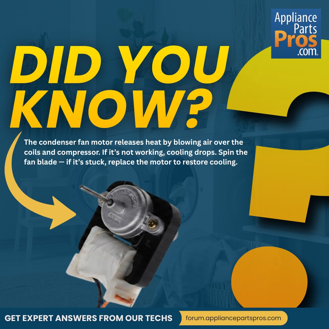 ApplPartsPros's tweet photo. Did you know:
Your refrigerator removes heat - it doesn't create cold.
The condenser fan motor helps push that heat out.
If it stops working, the heat stays… and cooling drops.

👉 Here's where you can get a replacement: https://t.co/IqYsUhwf7Z
#AppliancePartsPros #DIYApplianceFix