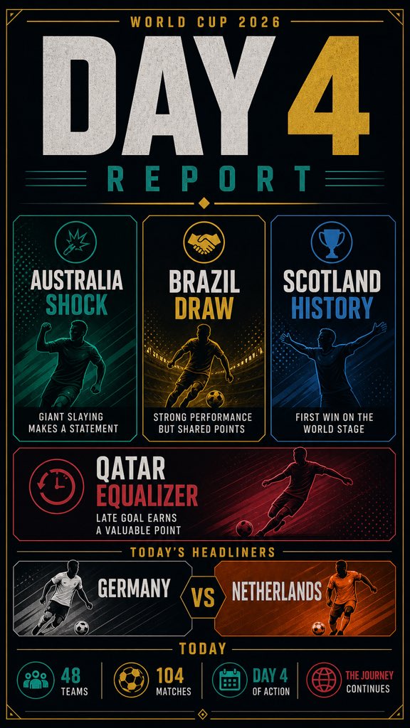 TopJerseyHub's tweet photo. Upsets, late drama, and giants under pressure.
The tournament is fully awake now.#WorldCup2026 #AustraliaFootball #ScotlandFootball #BrazilFootball #SportsDesign https://t.co/kn3cOyUEPW
