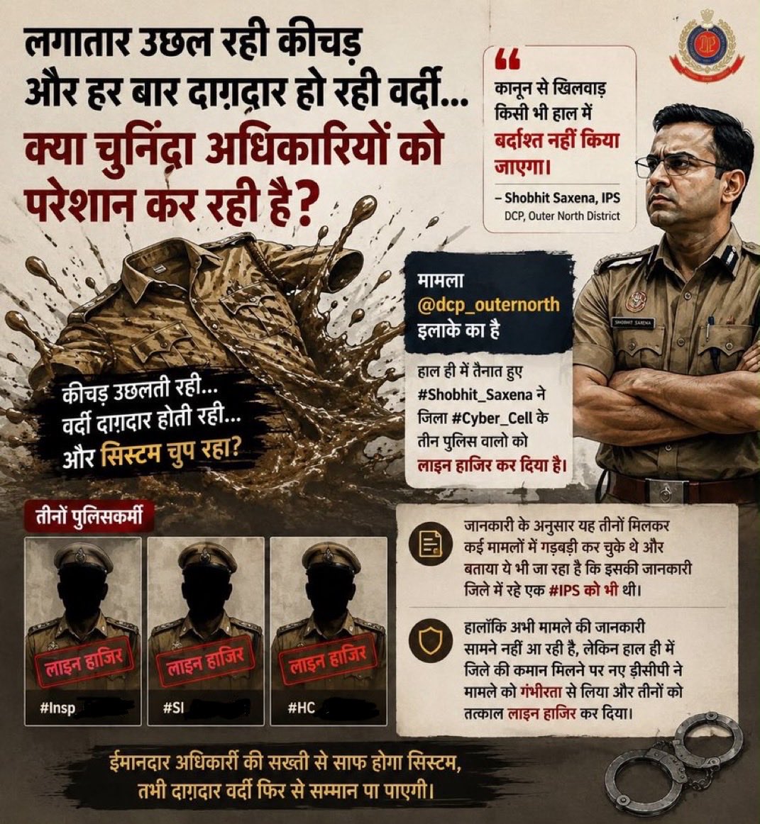 PressSubodhJain's tweet photo. लगातार उछल रही कीचड़ और हर बार दाग़दार हो रही वर्दी क्या चुनिंदा अधिकारियों को ही परेशान कर रही है?

मामला @dcp_outernorth इलाक़े का है, हाल ही में तैनात हुए #Shobhit_Saxena ने जिला #Cyber_Cell के तीन पुलिस वालो को लाइन हाजिर कर दिया है।

जानकारी के अनुसार यह तीनों मिलकर कई मामलों में गड़बड़ी कर चुके थे और बताया ये भी जा रहा है कि इसकी जानकारी जिले में रहे एक #IPS को भी थी!

हालाँकि अभी मामले की पूरी जानकारी सामने नहीं आ रही है, लेकिन बताया जा रहा है कि एक मामले में लाखों की वसूली से जुड़ी कोई शिकायत सामने आई है।

हाल ही में जिले की कमान मिलने पर नए डीसीपी ने मामले को गंभीरता से लिया और तीनों को तत्काल लाइन हाजिर कर दिया।

@PMOIndia @HMOIndia @DoPTGoI @LtGovDelhi @CPDelhi @DelhiPolice