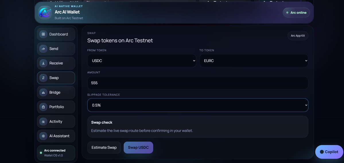 Zaddy428's tweet photo. Just tested the Swap Feature inside my @arc_ai_wallet  built on @arc  Testnet!

Here's how it works:

🔹 Select the token you want to swap from (USDC, EURC, etc.)
🔹 Choose the destination token
🔹 Enter the amount
🔹 Set your preferred slippage tolerance
🔹 Click Estimate Swap to preview the route and expected output
🔹 Confirm the transaction directly from your wallet
Powered by Arc App Kit, the process is designed to be simple, fast, and beginner-friendly.
💡 No confusing DeFi screens.
💡 Clean UI.
💡 Real-time swap estimation.
💡 Built directly into the wallet experience.
My goal with Arc AI Wallet is to make crypto transactions feel as easy as using any modern fintech app while keeping the power of Web3 under the hood.
Still improving the experience every day and would love feedback from the community! 🙌
#ArcNetwork #BuildOnArc #ArcAIWallet #USDC #EURC #CryptoWallet #DeFi #AI #Web3Builders #ArcTestnet
@samconnerone 
@bobbilee 
@circle