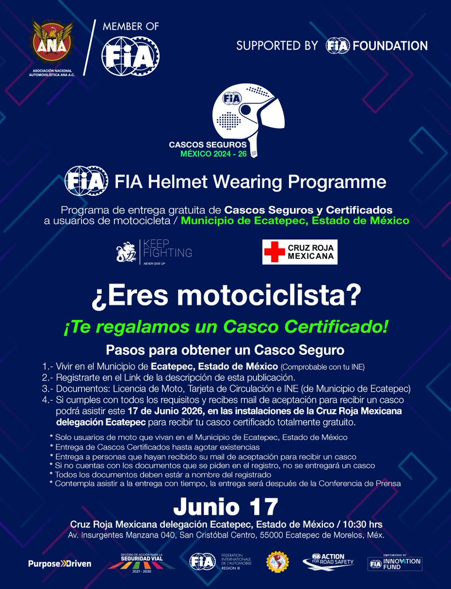ANA_FIAmx's tweet photo. Programa de entrega de Cascos Seguros y Certificados a motociclistas en el Municipio de Ecatepec, Estado de México / 17 de Junio / Cruz Roja Mexicana Delegación Ecatepec.
Registro: https://t.co/316LrH1v8K https://t.co/dRfxTMObC9