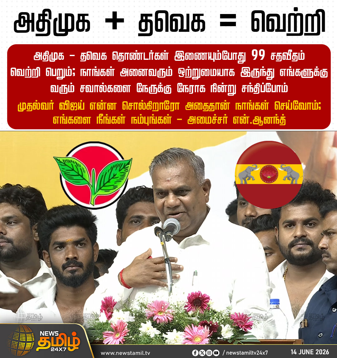 NewsTamilTV24x7's tweet photo. PoliticalSpeech || அதிமுக + தவெக = வெற்றி

அதிமுக - தவெக தொண்டர்கள் இணையும்போது 99 சதவீதம் வெற்றி பெறும்; நாங்கள் அனைவரும் ஒற்றுமையாக இருந்து எங்களுக்கு வரும் சவால்களை நேருக்கு நேராக நின்று சந்திப்போம்

 முதல்வர் விஜய் என்ன சொல்கிறாரோ அதைதான் நாங்கள் செய்வோம்; எங்களை நீங்கள் நம்புங்கள்

  - அமைச்சர் என்.ஆனந்த்

TVK | AlliancePolitics | TamilNaduPolitics

#ADMK #TVK #AlliancePolitics #TamilNaduPolitics #PoliticalSpeech #TamilNews #NewsTamil24x7