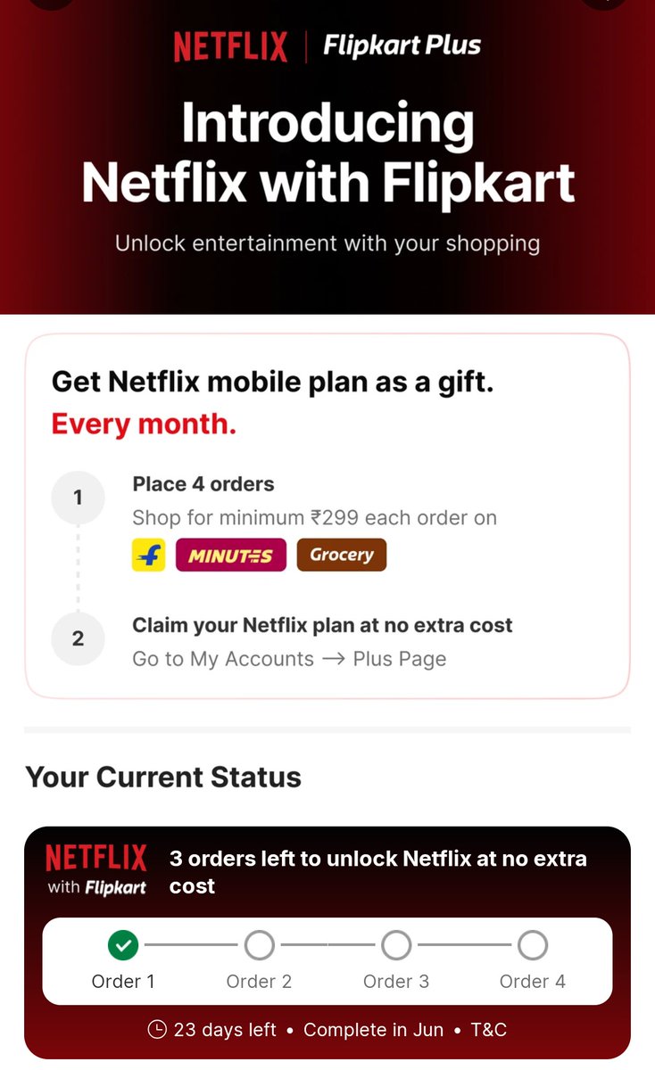 iSatishAgarwal's tweet photo. 🎥 Got 1 month "Netflix" for FREE 🥳
📱Placed just 4 orders worth >=₹299
🛒On Flipkart, Minutes or Grocery
♻️Repeat 4 Orders every month to continue
✨Valid for select Flipkart Plus/Black users
Like ❤️ n Repost ♻️ if useful
#CreditCard #CCgeek
#Flipkart #FreeNetflix https://t.co/FUXun8hwRA