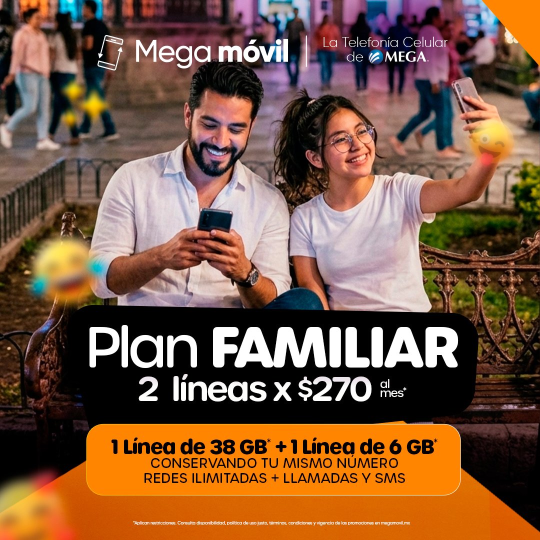 Megacable's tweet photo. 📲🤳🏼 ¡Mega móvil para la familia! 

📲 Obtén dos líneas de telefonía, una de 38GB* y otra de 6GB* + redes sociales + minutos y SMS ilimitados por sólo $270 pesos al mes* con tu mismo número 

No hay pretextos para no estar conectado 😉 

🏃🏻 Corre a https://t.co/sglPqJjYmG 🌐 https://t.co/3ROuspoBzY