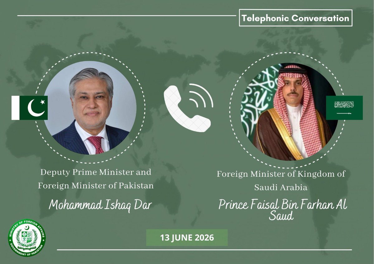 PakInArabworld's tweet photo. تنسيق سعودي-باكستاني يرسم ملامح السلام! 🇵🇰🇸🇦

قبل ساعات قليلة فقط من التوقيع الإلكتروني على مذكرة التفاهم الإسلام آبادية بين الولايات المتحدة وإيران، أجرت مكالمة هاتفية حاسمة بين نائب رئيس الوزراء ووزير الخارجية الباكستاني محمد إسحاق دار وصاحب السمو الملكي الأمير فيصل بن فرحان… https://t.co/48IhtVjc9z