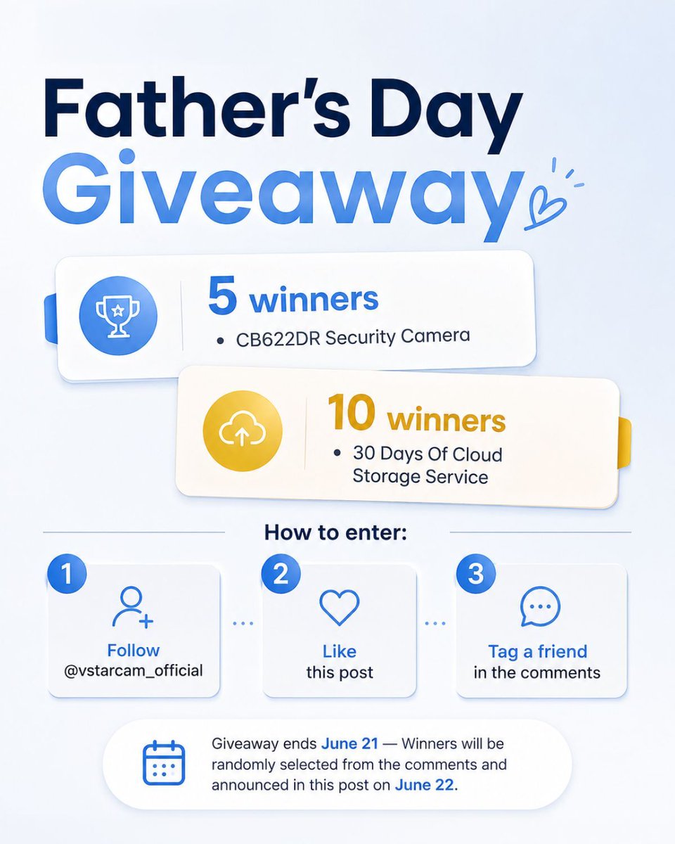 VStar_cam's tweet photo. FATHER’S DAY GIVEAWAY 🎁

We’re giving away smart home security gifts:
3 winners: 1 security camera each
5 winners: 1 month of VStarcam cloud storage

To enter:
Follow @vstarcam
Like this post
Tag a friend

Ends June 21, 2026, 9AM PDT.
Winners contacted by DM only. https://t.co/HyEauOf28q