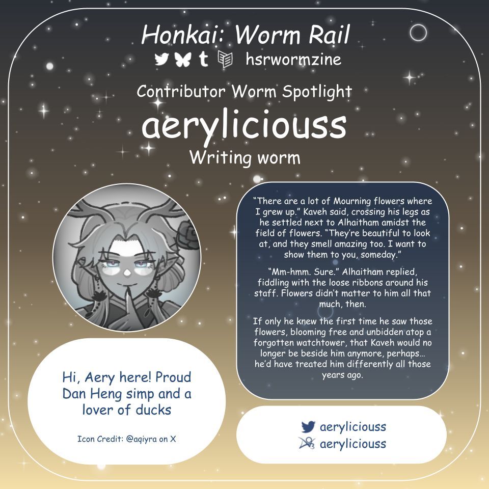hsrwormzine's tweet photo. Extraterrestrial Worm Communication 🪱 Writer Worm

Please welcome aeryliciouss aboard the Astral Worm-Xpress!

🌠 @aeryliciouss
🌠 https://t.co/KGyWk6Oa1K https://t.co/Mvwj1pDPRS