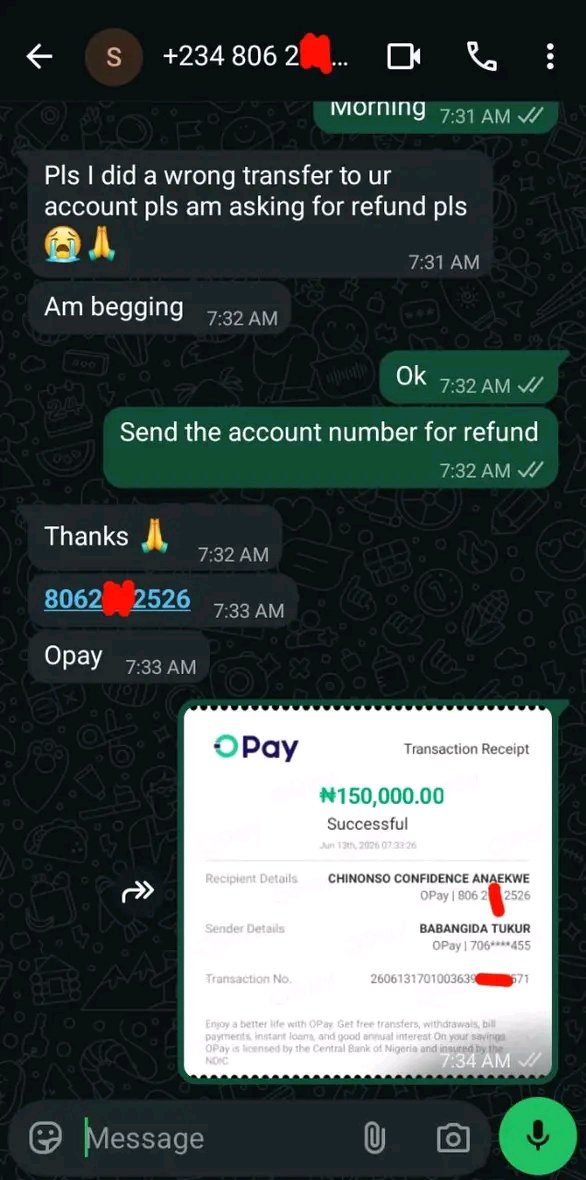 Pharmacio001's tweet photo. Early this morning, I experienced something unexpected.

A stranger mistakenly sent ₦150,000 to my Opay account. She called me while I was sleeping, but my phone was on silent.

 Immediately after I woke up and turned on my mobile data, I saw the credit alert.
Honestly, I needed the money, but I remembered the trouble she might face if I refused to return it. So, I calmly sent the money back to her.

I believe Allah can provide me with many times more than that in unexpected ways.

Allah kaqara muna imani da tsoron cin dukiyar da ba halalinmu ba.🙏🤲

May we all be like Babangida Tukur.