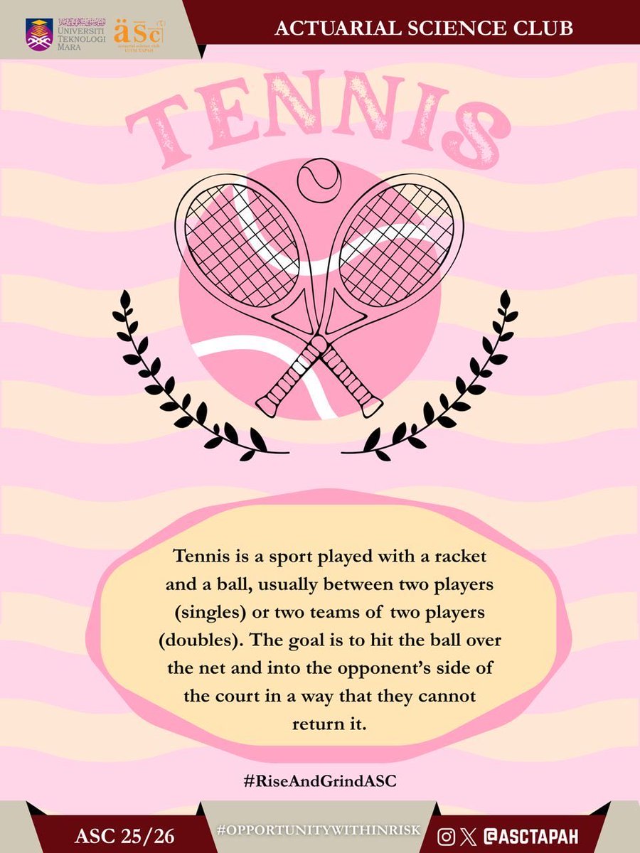 ASCTapah's tweet photo. ⚜⚜ ACTUARIAL SCIENCE CLUB⚜⚜

            ⚽ ASC FIT DAY 🏈

     🎾 Benefits of Playing Tennis 🎾 

🔶 Enhanced Cardiovascular Fitness
🔶 Improved Coordination and Reflexes
🔶 Development of Discipline and Focus
🔶 Greater Enjoyment and Personal Satisfaction https://t.co/h1lDuyAU5K