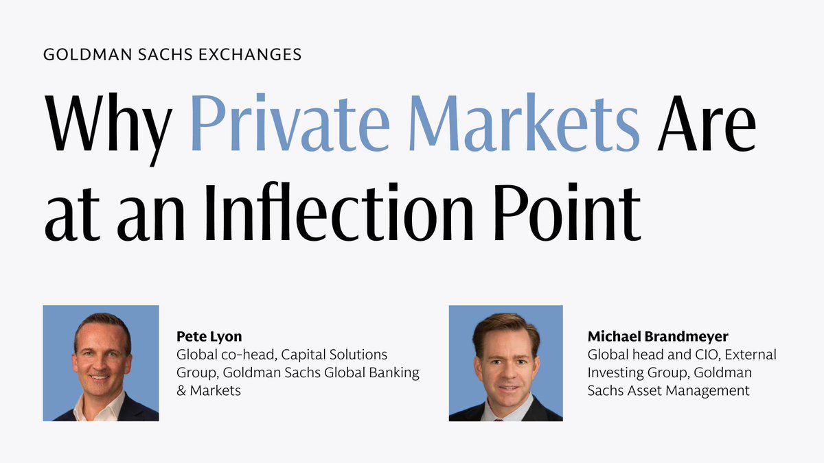 GoldmanSachs's tweet photo. Recent macro and market shifts have raised questions about the private equity investing and funding model. Pete Lyon, global co-head of the Capital Solutions Group in Global Banking & Markets, and Mike Brandmeyer, global head and CIO of the External Investing Group within Asset Management, discuss the issues facing private equity and explain why the industry may be at a turning point: https://t.co/Vh3tdiO4lF