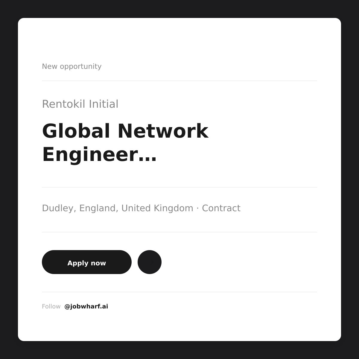 jobwharf's tweet photo. Hiring now: Global Network Engineer (12 Month Contract)
Apply  ➜ https://t.co/lO6uJNeMYO

Rentokil Initial
📍 Dudley, England, United Kingdom
💰 Salary negotiable

#globalnetwork #rentokilinitialjobs #contractjobs #hiring #jobsearch https://t.co/LwyiEChlP6
