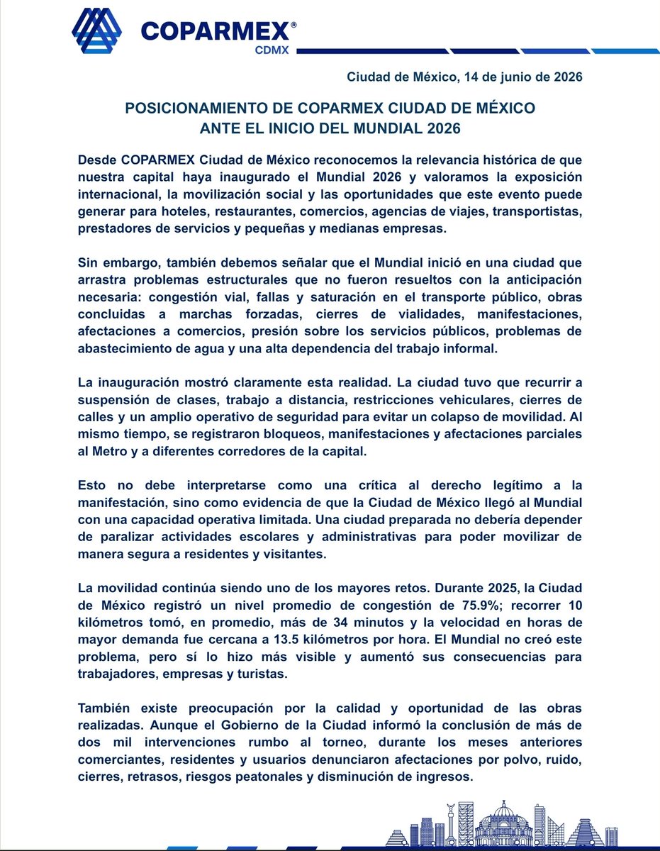 Coparmex_CDMX's tweet photo. ⚽ La Ciudad de México inauguró el Mundial 2026 y con ello una gran oportunidad para impulsar al turismo, el comercio, la hotelería y miles de pequeñas y medianas empresas. 

📊 El legado de esta justa debe ser una ciudad más competitiva, funcional y preparada para el futuro. https://t.co/MrLtnrzBs5