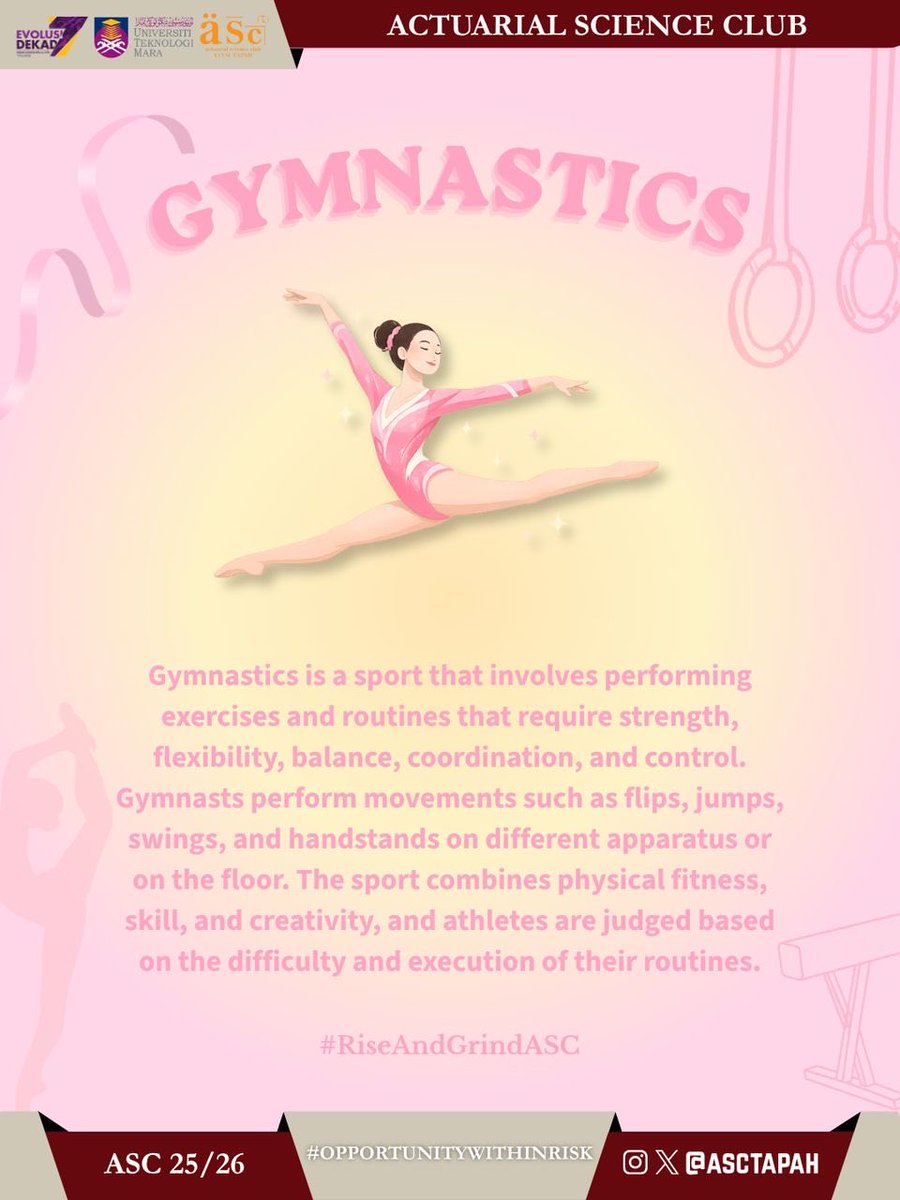 ASCTapah's tweet photo. ⚜⚜ ACTUARIAL SCIENCE CLUB ⚜⚜

            🏅ASC FIT DAY 🤸🏻‍♀️

     🩱 Benefits of Gymnastics 🩱

♦️ Gymnastics improves strength, flexibility, balance, coordination, and confidence while helping people stay fit and healthy. https://t.co/YBytidQfcy