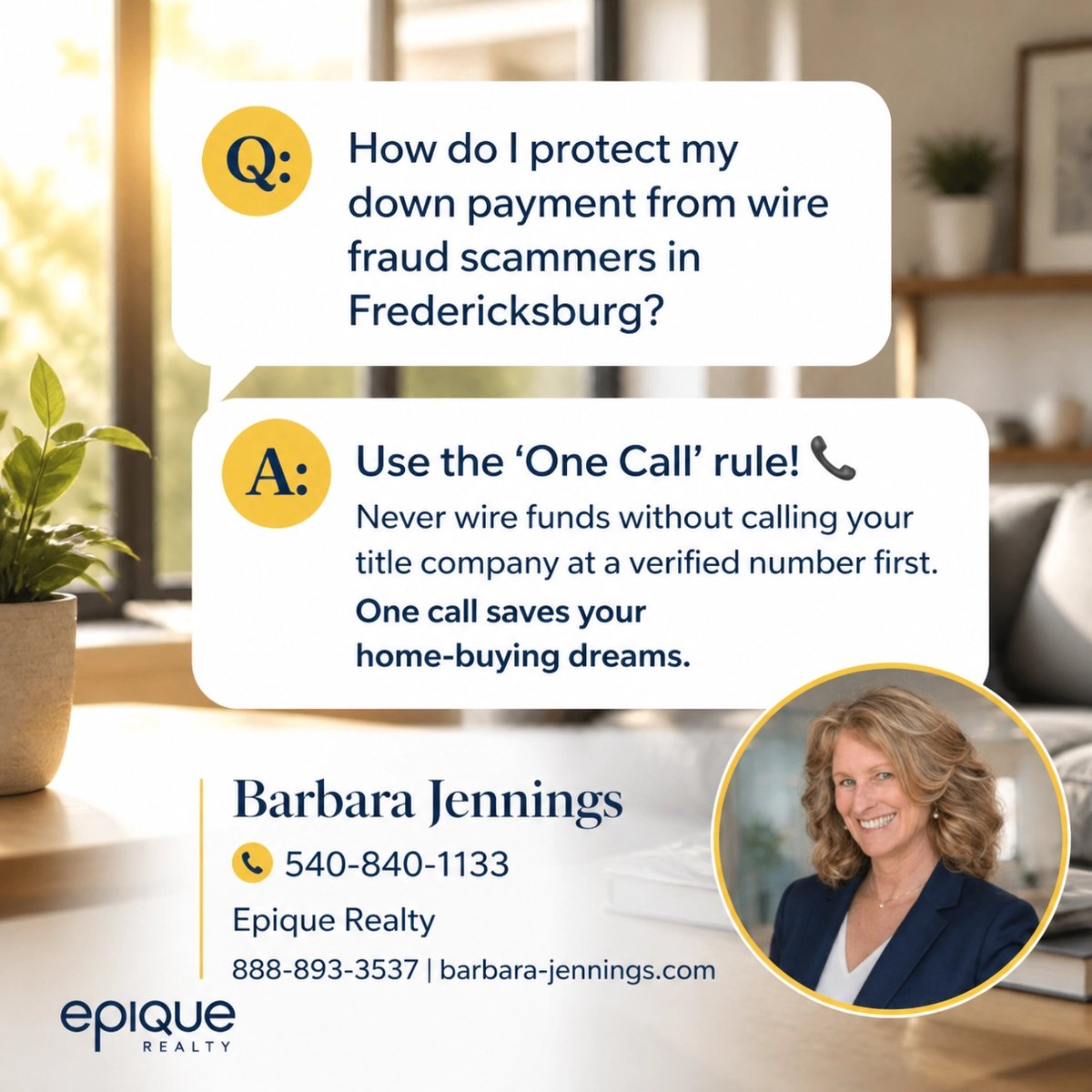 JenningsTeam's tweet photo. ⚠️ DONT LOSE YOUR DOWN PAYMENT!

The 'One Call' rule protects your Virginia home purchase from scammers. 💸 Always call your title company before wiring funds.

Barbara Jennings | 540-840-1133
Epique Realty
https://t.co/oDIEyFj1kJ

#RealEstate https://t.co/V2bR5027TX