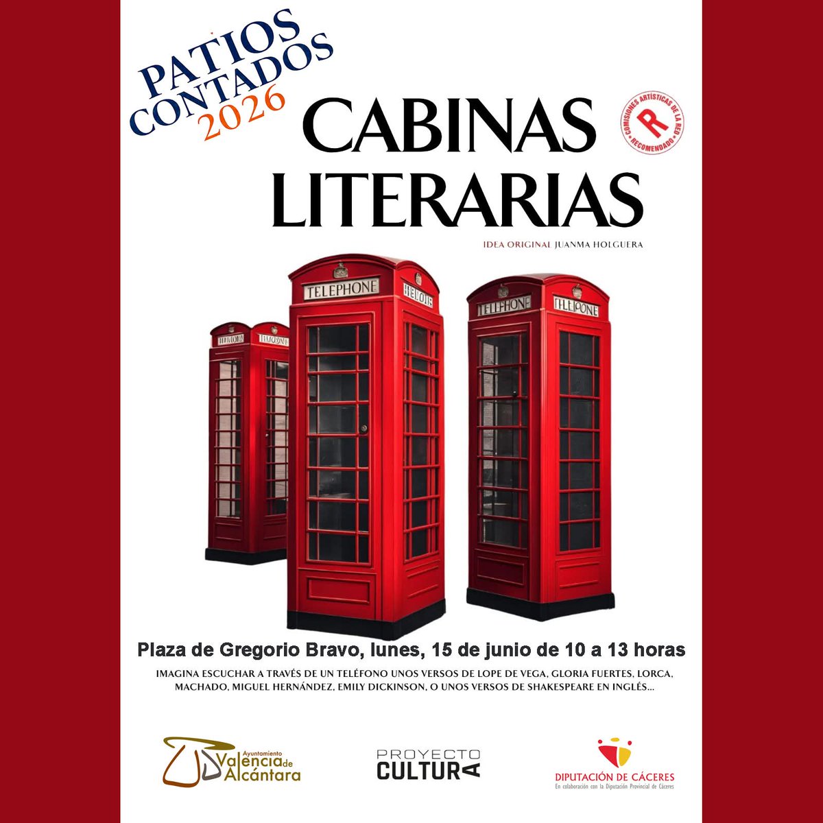EfeExtremadura's tweet photo. El Festival Patios Contados en Valencia de Alcántara (Cáceres) programa mañana el espectáculo 'Cabinas Literarias', que utiliza cabinas telefónicas como puntos de escucha individuales para oír una selección de versos y textos de autores fundamentales de la literatura universal. https://t.co/nCD4iwoRfg