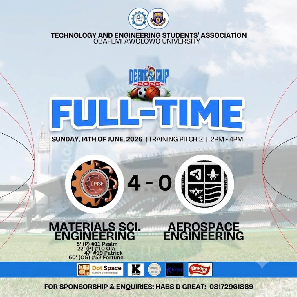 TESA_OAU's tweet photo. FT: Material science and engineering 4-0 Aerospace engineering.

A clinical performance from Material science and engineering earned them the first three points in Matchday two.

For every details and to follow the Dean's cup live: https://t.co/Ivg4Ib6o0H https://t.co/UmkfKffXDH