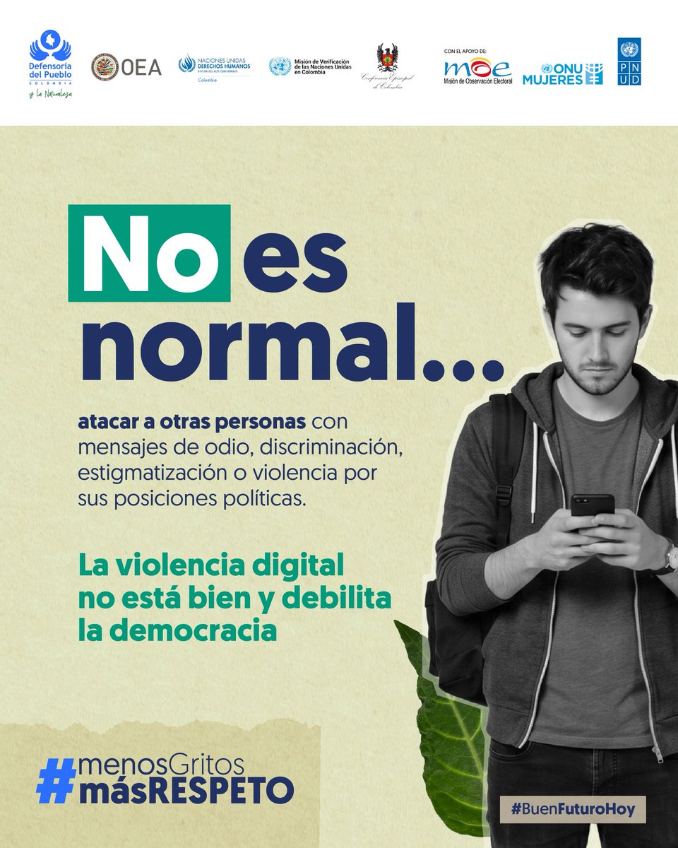 DefensoriaCol's tweet photo. Debatir, cuestionar y expresar opiniones hace parte de la democracia. Lo que no hace parte son los insultos, las amenazas, la discriminación, la difamación o las campañas de acoso para silenciar a quienes piensan diferente. 

Esto no es normal y deteriora la democracia.

🧵👇🏼 https://t.co/3gZmeba0Ev