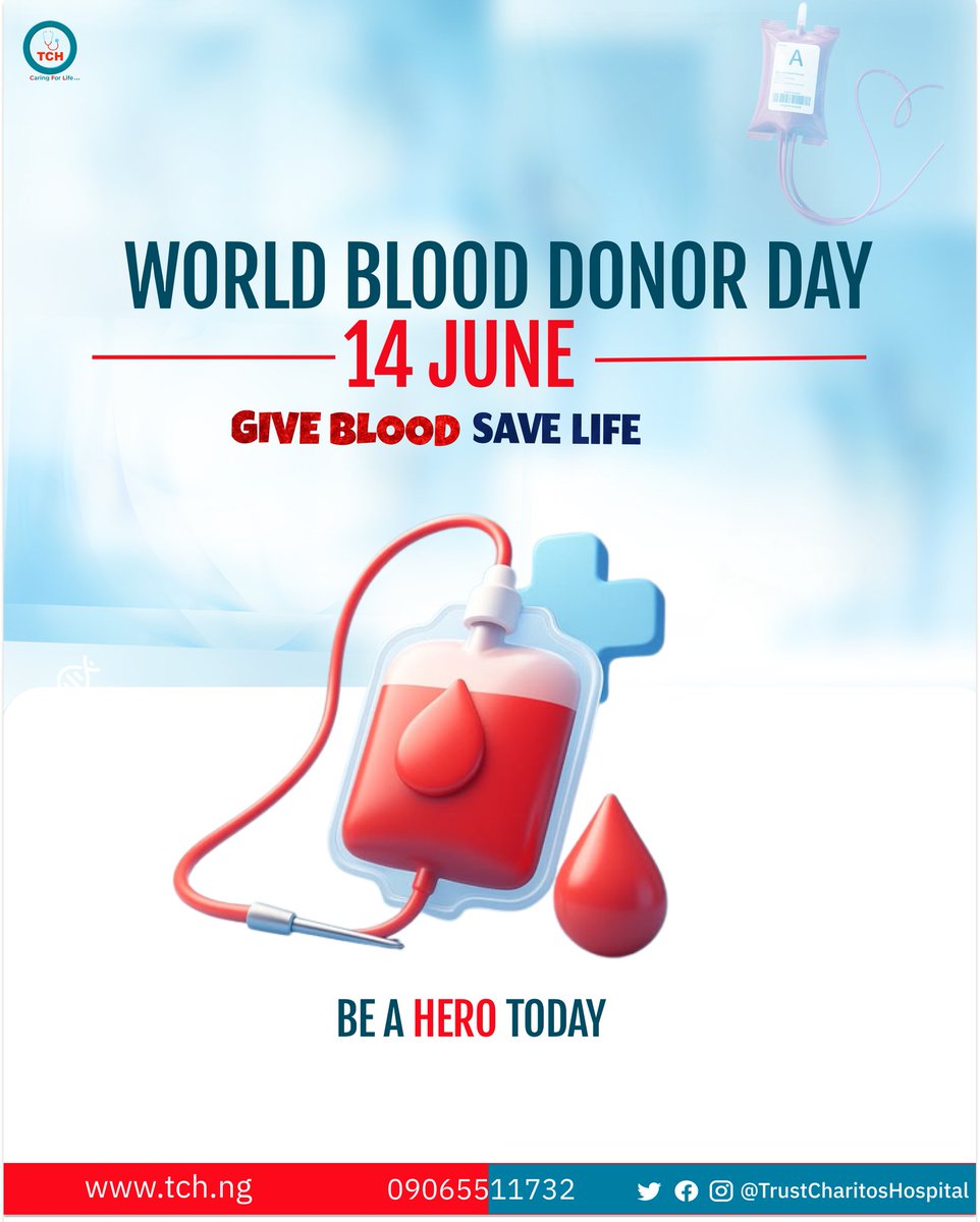 Trust_Charitos's tweet photo. This #WorldBloodDonorDay, join Trust Charitos Hospital in saving lives. Your simple act of kindness can be someone else's second chance at life. Step up and be a hero today!

Visit Us:
📍 Plot 879/880 Idris Ibrahim Crescent, Off Obafemi Awolowo Way, Jabi, Abuja.

Call: 09065511732
WhatsApp: 08184865334

#GiveBloodSaveLife #BeAHero #BloodDonation #AbujaHealth #TrustCharitosHospital #DonateBlood