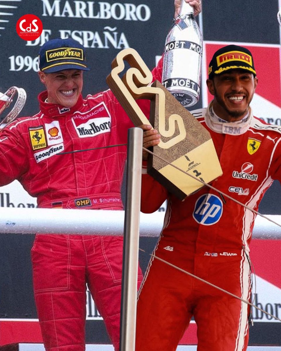 CorSport's tweet photo. 30 anni dopo, stesso posto, stesso luogo, stesso risultato: Hamilton come Schumacher❤️

La loro prima vittoria con la Ferrari arriva al Gp di Barcellona 🥹

#Corrieredellosport #Hamilton https://t.co/CtfPhu3buc