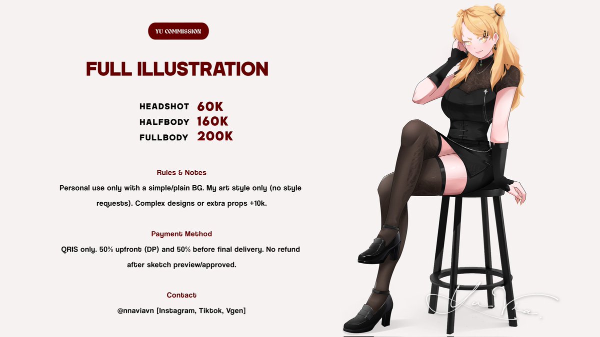 nnaviave's tweet photo. @kuyangtist OPEN COMMISSION: FULL ILLUSTRATION 

PRICE LIST:
Headshot: 60k IDR
Halfbody: 160k IDR
Fullbody: 200k IDR

PAYMENT:
QRIS only
50% upfront (DP) / 50% before final delivery
No refund after sketch preview/approved

DM to order.

@nnaviavn [Instagram, Tiktok, Vgen] https://t.co/HkISFCdlxx