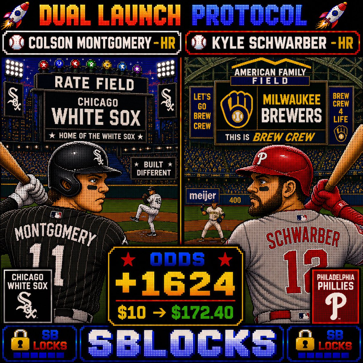 SBLockShop's tweet photo. The rookie and the veteran on the same ticket tonight 🆕👴 

Colson Montgomery + Kyle Schwarber HR parlay +1624 $10 wins you $172.40 we love this one 😤💣💣 

#ColsonMontgomery #KyleSchwarber #SBlocks #MLB #SportsBetting https://t.co/6sqmLvHMMU